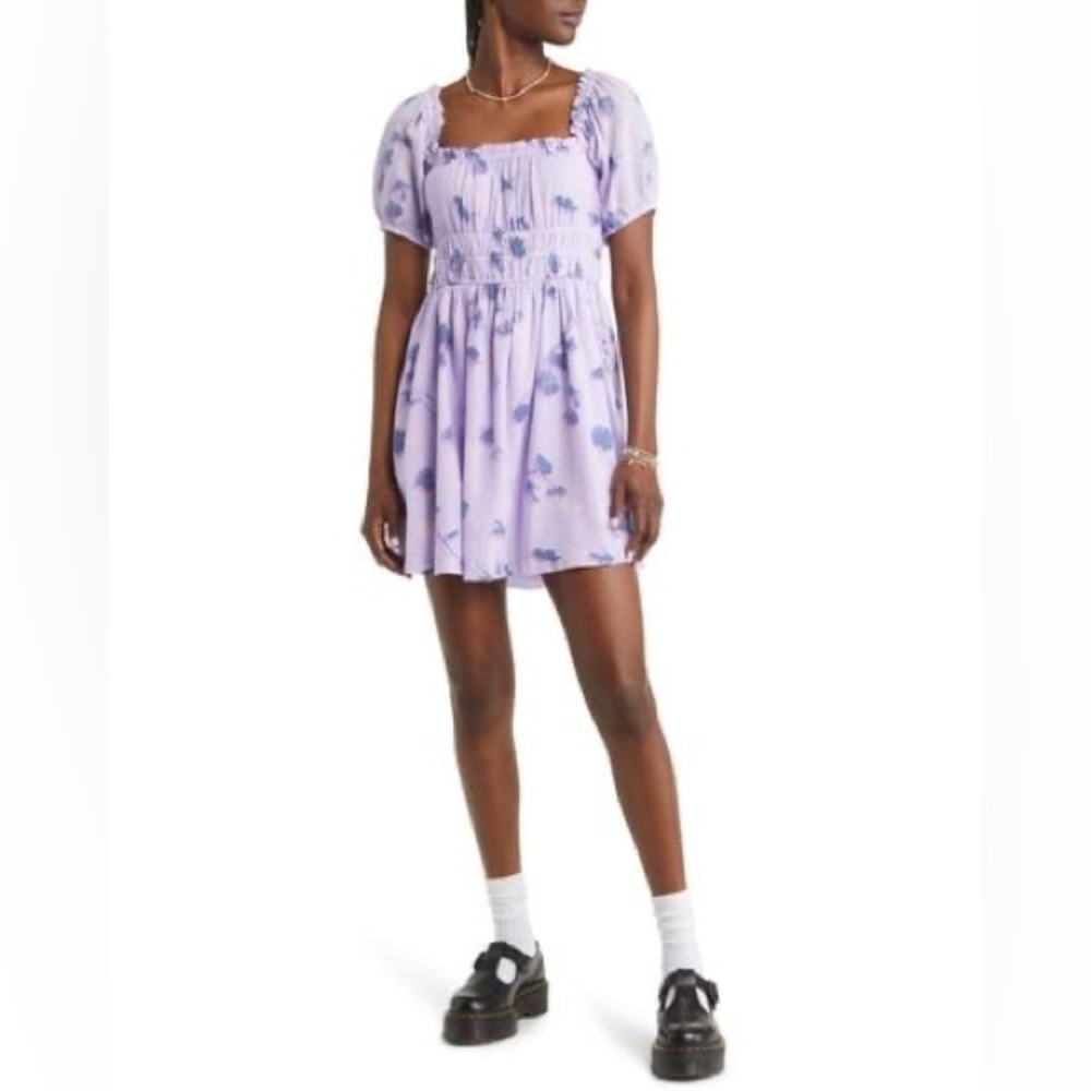 Nordstrom ВР. Shirred Puff Sleeve Prairie Dress, PURPLE SPRAY GLITCH FLORAL, XXS